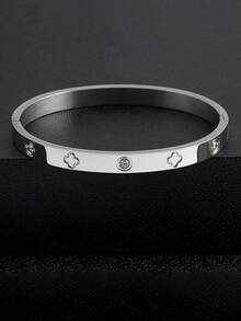 1pc Titanium Steel Bangle, Mirror Polished, Vacuum Plated, Not Easy To Fade, Lucky Four Leaf Clover With Rhinestone, Fashionable Classic Style, Suitable For Daily Wear Valentines - 銀色 - 查看 5