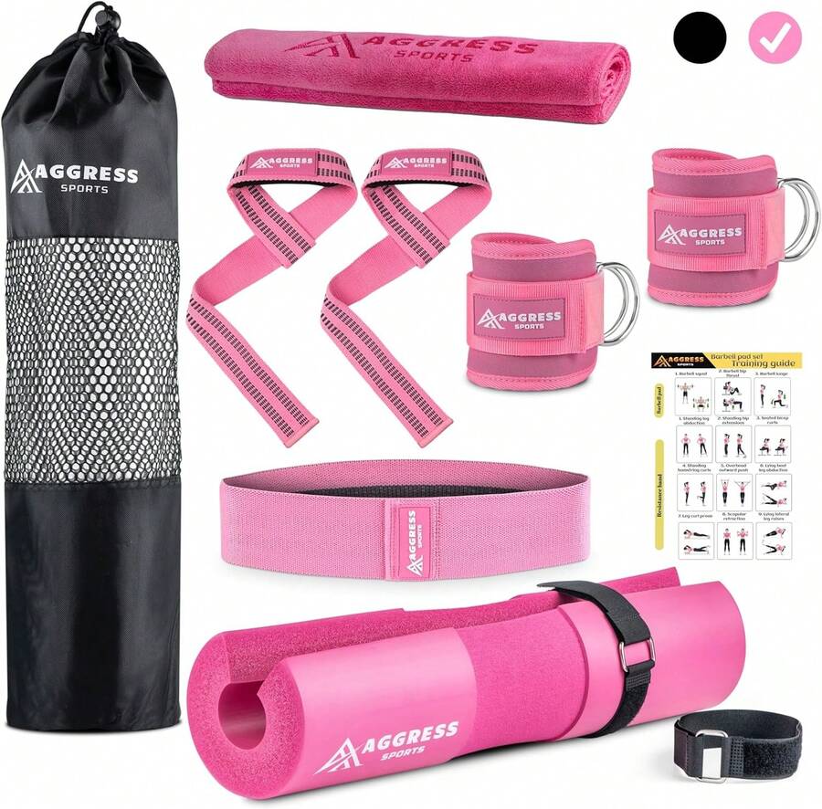 Premium Barbell Pad Set For Hip Thrusts - Squat Pad For Barbell Lunges, Bench Press, With 2 Gym Ankle Straps, Hip Resistance Bands – Gym Accessories For Women With Carry Bag, Towel - Hot Pink - View 1