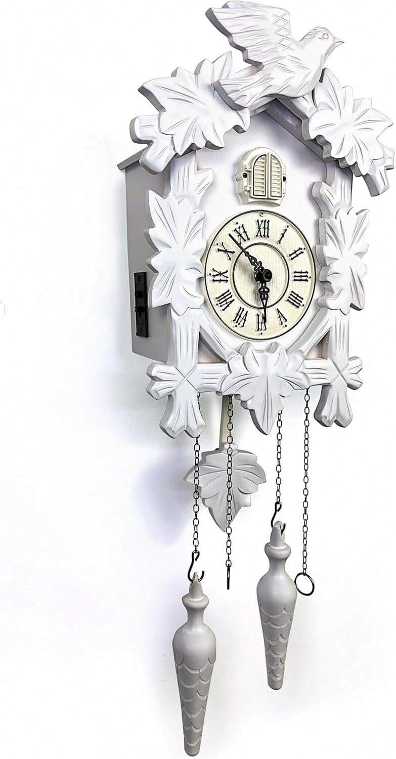 Cuckoo Clock Vintage Large Wooden Wall Clock Handcrafted 13x9.5 Inch (White)