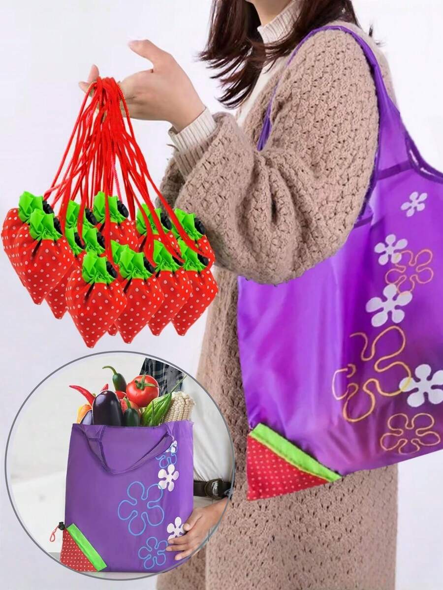 1-10 peças bolsa de armazenamento morango dobrável sacolas de compras reutilizáveis dobráveis nylon mercearia grande bolsa cores aleatórias