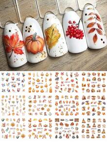 12/24designs 3D 卡通秋季南瓜指甲贴纸，秋季枫叶狐狸熊动物转印滑块，万圣节圣诞节 DIY 美甲艺术装饰技巧，美甲沙龙配件工具，美甲用品 - 彩色 - 查看 2