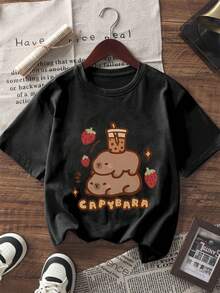 少女三件套水豚印花短袖T恤，少女夏季上衣 - 彩色 - 查看 2