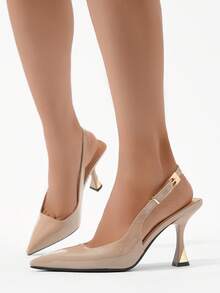 Giày cao gót mũi nhọn nữ có khóa kim loại, màu trơn, thoải mái, đa năng cho trang phục trang trọng, thường ngày hoặc công sở, thích hợp cho mùa thu/đông, chất liệu PU, màu mơ, thanh lịch, giày cao gót nữ, thanh lịch - Màu be - Xem 5