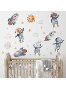 太空冒险卡通火箭墙贴适用于儿童房 - 可移除银河动物墙贴，儿童房装饰，可爱宇航员猫星球墙壁艺术 - 彩色 - 查看 5