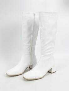 女式白色方头高筒靴，修身马靴，秋冬粗跟高筒靴 - 白色 - 查看 7