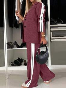 两件套女士舒适套装，翻领休闲条纹工作办公阔腿裤长袖上衣，时尚优雅的春季通勤装，休闲日常套装 - 酒紅色 - 查看 4