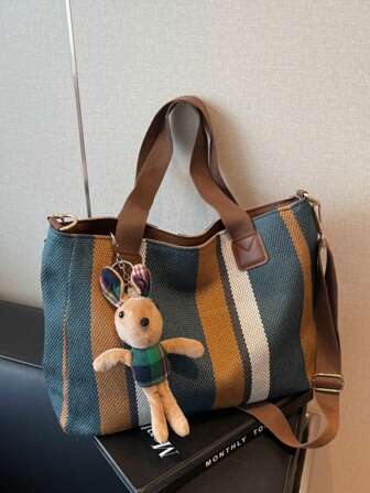 1 条纹撞色时尚大容量插色帆布手提包带吊坠适合上学、度假、日常使用、单肩包、布袋，内含卡通吊坠 1 条纹撞色时尚大容量插色帆布手提包带吊坠适合上学、度假、日常使用、单肩包、布袋，内含卡通吊坠