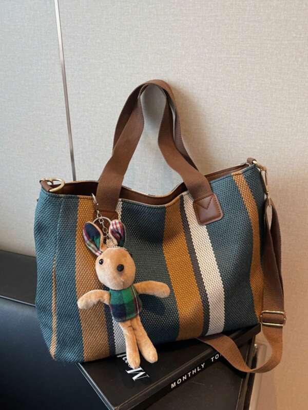 1 Striped Contrasting Fashionable Large Capacity Color Blocked Canvas Tote Bag With Pendant Suitable For School, Vacation, Daily Use, Shoulder Bag, Cloth Bag With Cartoon Pendant Included 1 Striped Contrasting Fashionable Large Capacity Color Blocked Canvas Tote Bag With Pendant Suitable For School, Vacation, Daily Use, Shoulder Bag, Cloth Bag With Cartoon Pendant Included