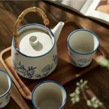 Vintage Japanese Handle Teapot Hand-Painted Household Cold Water Teapot Brewing Teapot Retro Rough Pottery Tea Cup Tea Set (1set, 450ML)
