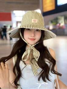 1pc Vintage Check Pattern Applique Contrast Color Drawstring Wide Brim Bucket Hat Boho Vacay Spring/Summer Sun Protection Hat, Bright Monochromatic Looks, Tie Strap UV Protection Travel Accessory - Multicolor - View 4