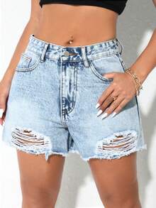 ICON Women'S Spring And Summer Slant Pocket Non Elastic Punch Washed Denim Shorts