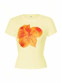Camiseta gráfica de manga corta de cuello redondo ajustada y dulce con estampado floral de verano para mujeres Vaiaye