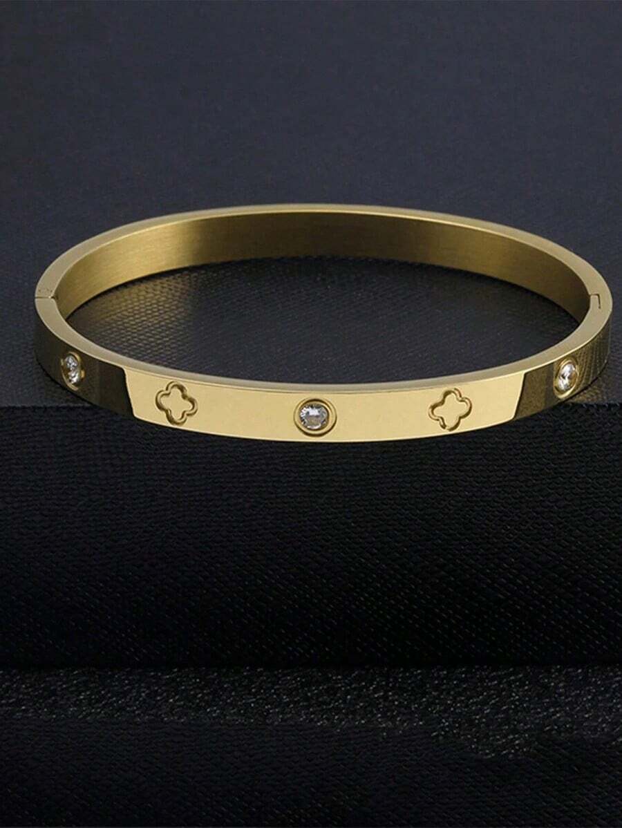 1pc Titanium Steel Bangle, Mirror Polished, Vacuum Plated, Not Easy To Fade, Lucky Four Leaf Clover With Rhinestone, Fashionable Classic Style, Suitable For Daily Wear Valentines - 銀色 - 查看 1