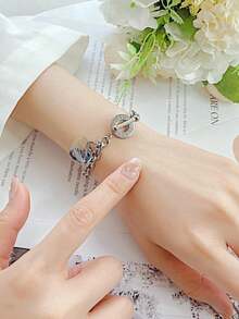 1pc Women's Stainless Steel Classic Heart Engraved Toggle Clasp Titanium Steel Chain Bracelet Valentines,Mom,Mother,Mother's Day,Gift - 金子 - 查看 2