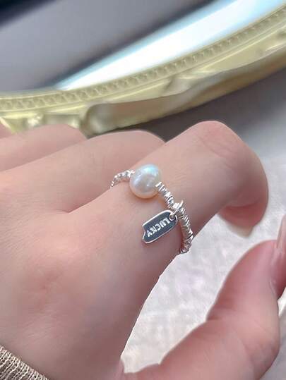A Pure Silver Broken Silver Natural Pearl Ring For Women's Lucky Hang Tag Elastic Rope Ring
