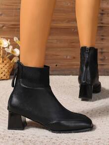 Women's Square Toe High Heel Shoes, Thick Heel Faux Leather Boots With Back Zipper, Suitable For Autumn/Winter - Black - View 2