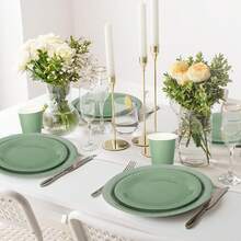 100Pcs Sage Green Tableware Set Wedding Disposable Dinnerware Set 50Pcs Paper Plates 25Pcs Napkin 25Pcs Cups For Wedding Birthday Bride Shower Party Supplies Table Decorations - 綠色 - 查看 9