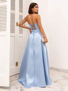 LONG WEDDING PARTY DRESS FOR GODMOTHER, STRAP-FIT, SATIN WITH SEQUINS - 寧靜藍 - 查看 2
