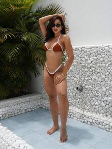 Sexy Tanning Bikini With Adjustable Thin Strap And Thong - 赤陶與白色 - 查看 2