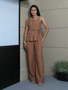 Macacão longo feminino com alças ajustáveis e babado de um ombro só - duas maneiras elegantes e versáteis de usá-lo, adequado para primavera, verão, outono e inverno