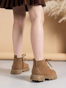 1 Pair Girls/Kids' Fashion Simple Side Zipper Ankle Boots, Suitable For All Seasons - Brown - View 3
