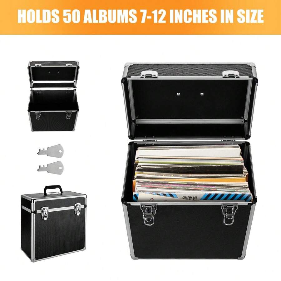 Retro Silver Vinyl Record Storage Box With Lock - Multifunctional CD & Record Album Case, Durable Tool Box Design For Safekeeping - Black - View 1