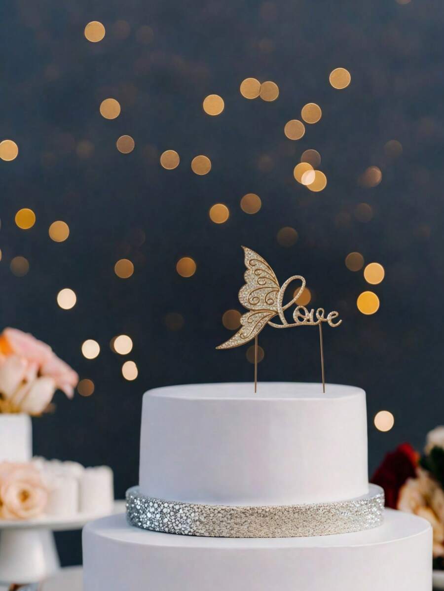 1pc Golden & Silver Anniversary Love Cake Topper, Metal Rhinestone Cake Decor For Wedding Anniversary, Valentine's Day, Birthday Party