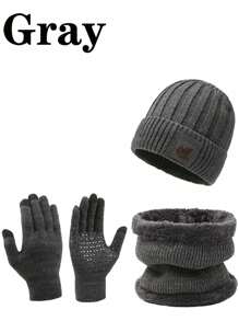 Set de 3 piezas de bufanda y guantes de invierno para adultos, gorro de lana forrado para hombres para exteriores, gorro de punto suave con puño plegable/accesorios de invierno de moda y unicolor para esquiar