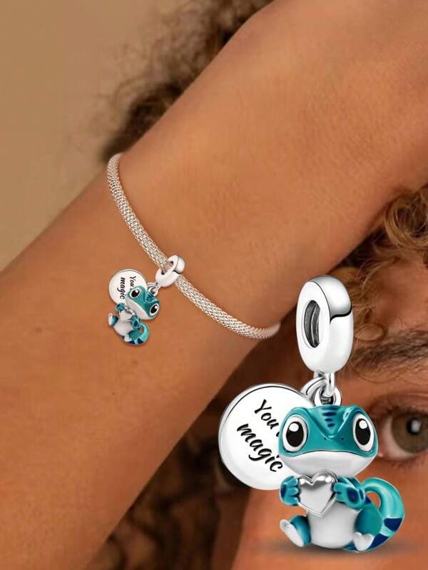 1PC 925 Sterling Silver Fashionable Heart Lizard Charms Fit For Women Bracelets Bangles DIY Jewelry Making And Daily Outfit Matching Jewelry Decoration For Girls