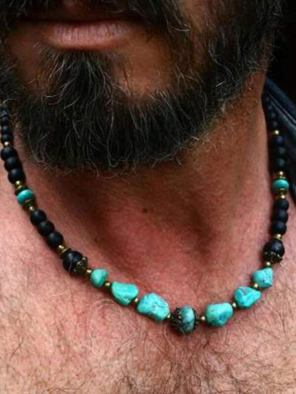 1 pieza Collar de gargantilla único, lujoso y exquisito con cuentas de turquesa en estilo bohemio vintage, para uso diario de hombres, fiestas y festivales