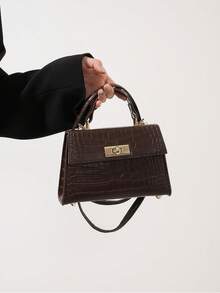 Fashionable Mini Metallic Alligator Pattern Crossbody & Handbag With Flip Lock Twist Closure - Coffee Brown - View 1