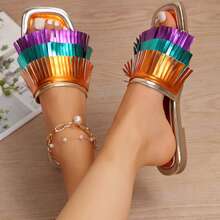 Women Sandals Bold Color Block Flat Slides Everyday Comfort Wear - Orange - View 9