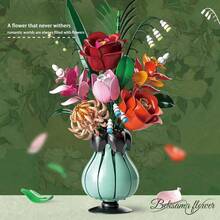 500+Pcs/Box Assorted Wooden Blossom Bouquet Including Rose, Magnolia & Other Flowers, Precise Flower Brick Arrangement, Everlasting Decoration For Home & Office, Romantic Gift - Three-color Building Block Vase - View 4