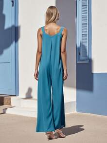 Womens Fashion Solid Color Jumpsuit Casual Button Wide Leg Suspender Overalls With Pockets - 寶藍色 - 查看 6