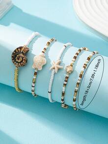 5 Pcs Women Ocean Style Starfish Shell Decor Beaded Bracelets Set, Bohemia Style Stacked Mini Seed Beads Bracelet, Fashionable Boho Jewelry Suitable For Vacation, Daily Wear, Beach Travel. - Multicolor - View 3