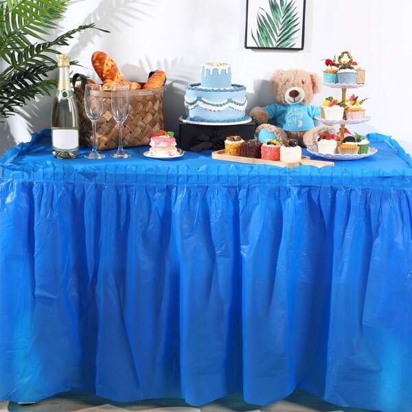 Dark Blue Table Skirt For Rectangle Tables, 29 In X 14 Ft Disposable Plastic Table Skirts For Babyshowers, Wedding, Engagement Party, Fits Tables Up To 8 Ft Long, Plastic Tableskirt, Disposable, Reusable, Rectangular Tablecloth Skirt
