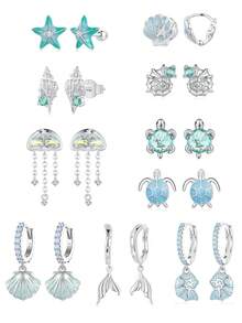 WOSTU 1 件 925 纯银时尚海星海龟耳环海洋系列耳环 CZ 镀铂金女士夏季派对珠宝礼物