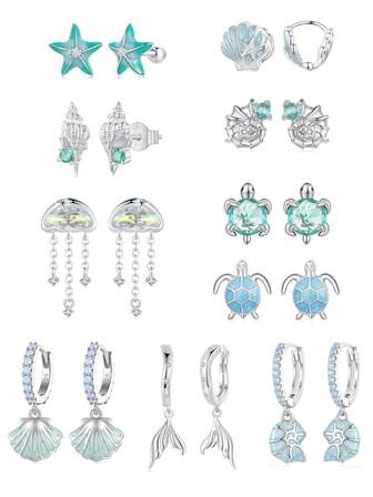 WOSTU 1 pieza Pendientes de aro de la serie del océano con estrella de mar y tortuga de plata de ley 925, chapado en platino con circonita cúbica, para mujer, regalo de joyería para fiesta de verano