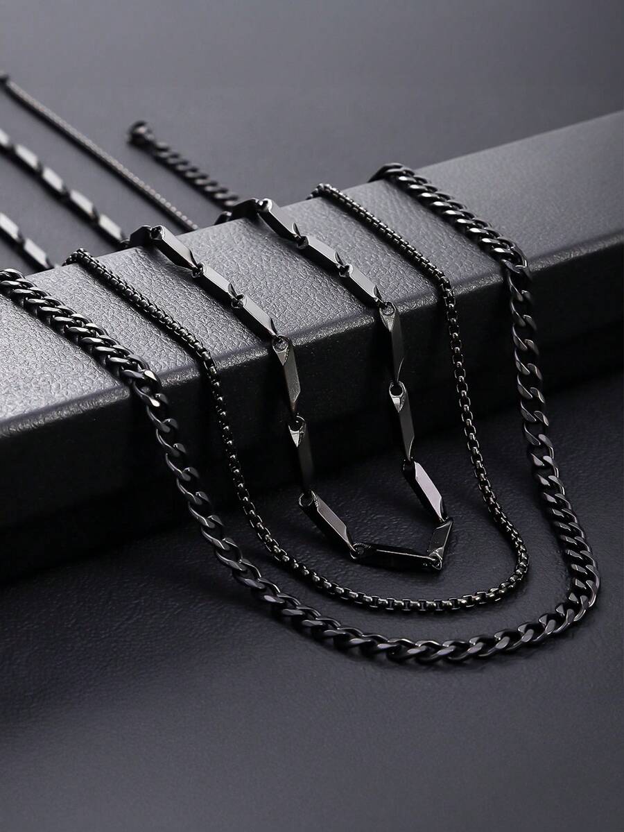 3pcs/Set Men's Stainless Steel Chain Necklace Set, Collarbones Chain, Stainless Steel Twist Rope, Casual Wear Accessories For Men - Black - View 1