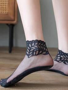 5 Pairs Women's Breathable Mesh Lace Short Socks, Black, Spring/Summer - Black - View 5