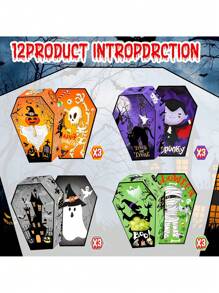 12 piezas Cajas de dulces de Halloween, cajas de papel con forma de ataúd con diseños de calavera, murciélago y fantasma para decoración y regalos de la fiesta de Halloween