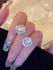 1 Pair Exquisite Copper-Plated Stone Stud Earrings – Chic And Elegant Design, Perfect Daily Wear Or Festival Gift For Women - Vàng vàng - Xem 3