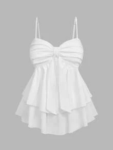 Top de verano para mujer tipo camisola con plisados y volantes, Top de verano corto y liso de unicolor casual blanco para mujer - Blanco - Ver 1