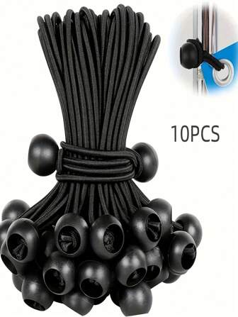 10 stuks robuuste, verstelbare elastische koorden met plastic ballen - Zwarte kampeeraccessoires voor alle seizoenen, voor het bevestigen, opbergen en transporteren van tenten - Opvouwbare en duurzame outdooruitrusting, kampeerorganisatietool | Sterke aanpassing, verstelbare koorden | Essentiële kampeeraccessoires