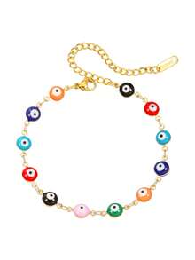1pc Fashion Bohemian Style Stainless Steel Enamel Turkish Evil Eye Bracelet For Women, Colorful Evil Eye Pendant Jewelry Gift, Random Eye Color - Multicolor - View 6