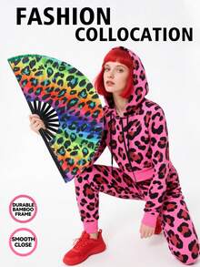 紫外线折叠手扇，按压式手扇，适合作为礼物，也适用于音乐节、嘉年华、彩虹服装、迪斯科派对、霓虹派对、荧光派对装饰 - 彩色 - 查看 3