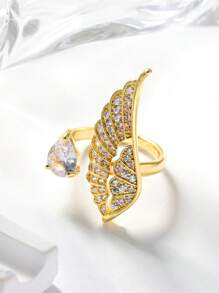 1 Piece Ladies Delicate And Elegant Angel Wings Women's Ring,Teardrop Zirconia With Luxury Rhinestones,Geometric Feather Design Opening Adjustable Ring,Summer Fashion Accessories,Jewelry Gifts For Daily,Vacation,Wedding,Party,Gift,Birthday,Valentine's Day Gift,Mom,Lover.