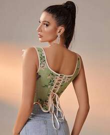 Womens Vintage 1920s Renaissance Lace Trim Corset Bustier, Retro Fashion - Hijau - View 3