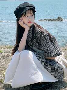 格纹短袖翻领荷叶边衬衫，甜美休闲夏季女士上衣