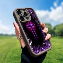 Jesus Cross Themed Phone Case Designed With Elegant Purple Glitter Accents Compatible With IPhone 16 15 14 13 12 And 11 Pro Models And Made Of TPU Protective Material Ideal Choice For Family Friends Young People Birthdays Holidays Boyfriends Girlfriends And Valentine's Day Gifts - 酒紅色 - 查看 3